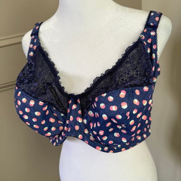 NWT Elomi Kim Underwire Stretch Lace Plunge Bra EL4340 40I Polka Dot Navy Pink - Picture 3 of 7